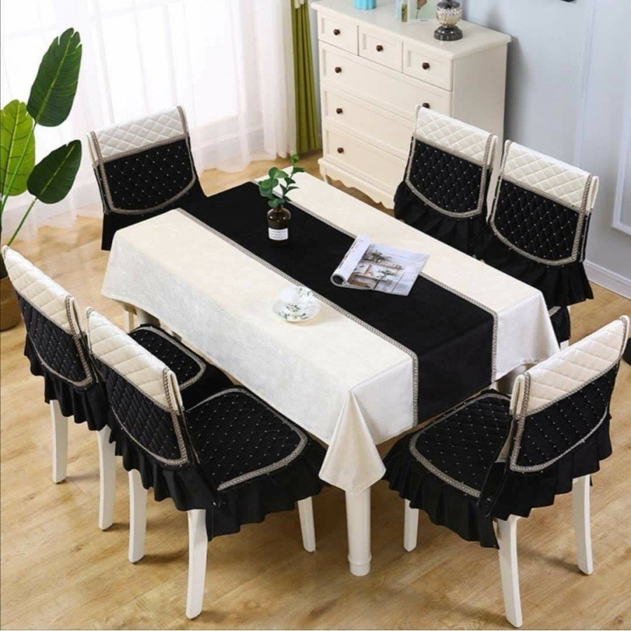 طقم وجه طاولة سفرة مع غطاء 6 كراسي دانتيل فاخر 7 قطع