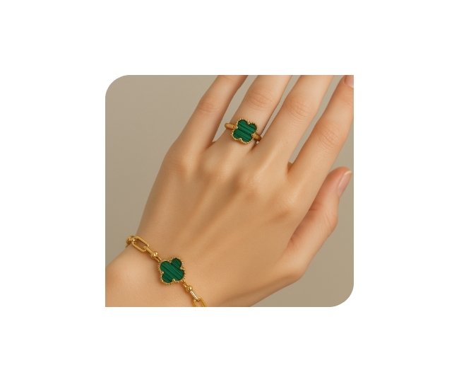 طقم سوار وخاتم ذهبي بتصميم برسيم أخضر أنيق | مجوهرات نسائية فاخرة