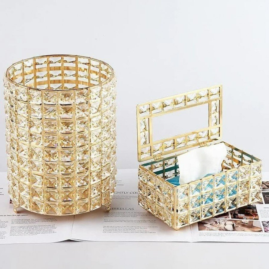 طقم سلة مهملات معدن سترص مربعات ذهبي مع علبة محارم مذهب – قطعتان | متجر ببلاش